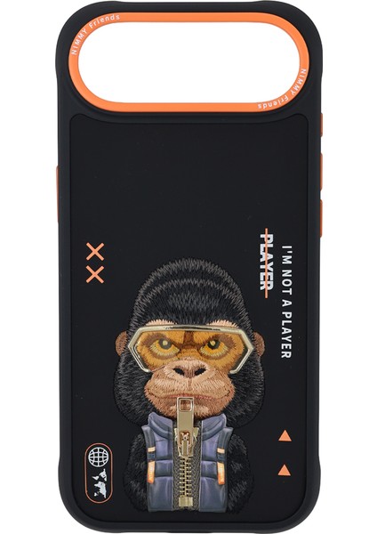 iPhone 17 Air Uyumlu 3D Gözlük Fermuar Gorilla Detaylı Nakış Işlemeli Kabartmalı Cool Cute Kılıf