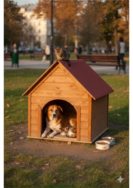 Pet Suya Soğuğa Dayanıklı Lüks Büyük Boy Ahşap Köpek Kulubesi Sokak Köpek Evi Kırmızı Çatılı 100X100X78 cm Ceviz