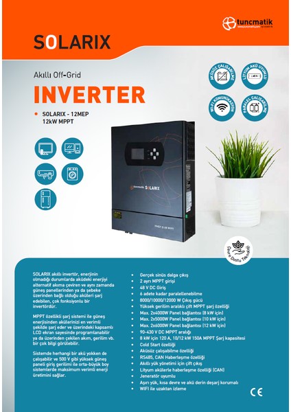 Solarix 12 Kw 12000 W Watt 48 V Volt 150 A Amper Yüksek Voltaj Mppt Akıllı Solar Inverter Invertör modelleri