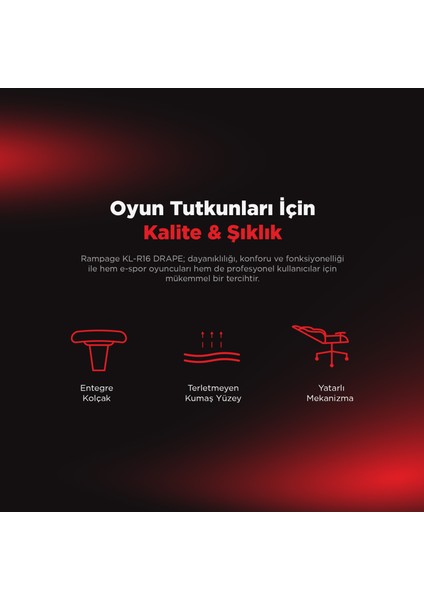 KL-R16 Drape Üst Seviye Terletmez Kumaş Siyah Gaming Oyuncu Koltuğu