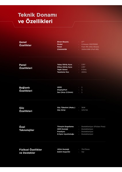 Crimson 27' 200HZ 0.5ms Fast IPS Full Hd Freesync/g-Sync Pc Gaming Monitör