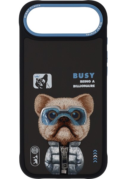 iPhone 17 Air Uyumlu Gözlük Fermuar Rich Köpek Detaylı Nakış Işlemeli Kabartmalı Cool Cute Kılıf