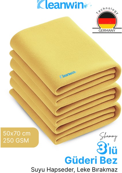 Shammy 3’lü Set Gold Güderi 50X70 cm Oto Kurulama Bezi – Ultra Emici, Çizmez ve Dayanıklı Araç Bezi