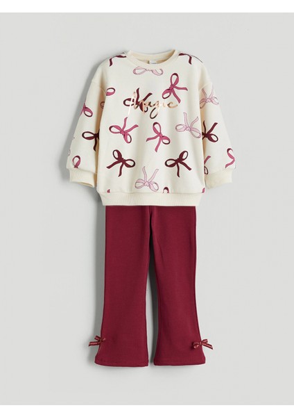 Lcw Kids Ekru Fiyonk Baskılı Kız Çocuk Sweatshirt ve Tayt 2'li modelleri