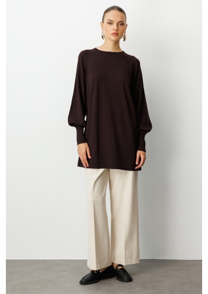 Premium Rayon Balon Kol Kahverengi Triko Kazak