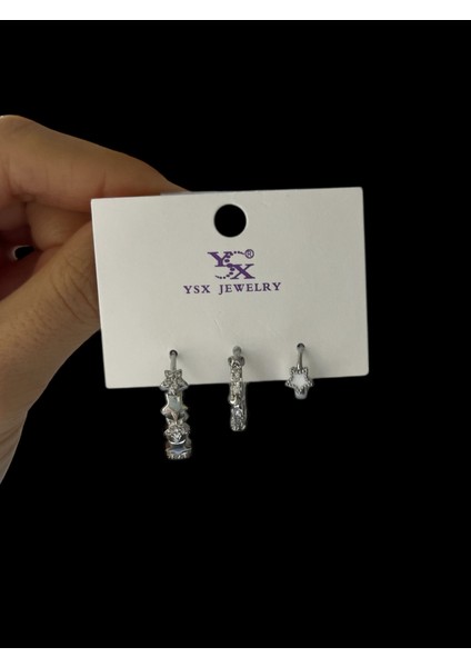 Kadın Çelik Küpe Gümüş Renk 3’lü Yıldız Taş Detaylı Kadın Küpe Seti – Gümüş Renk – Asimetrik Trend Kombin Küpeler fiyatları