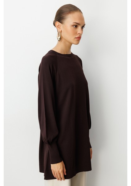 Premium Rayon Balon Kol Kahverengi Triko Kazak modelleri