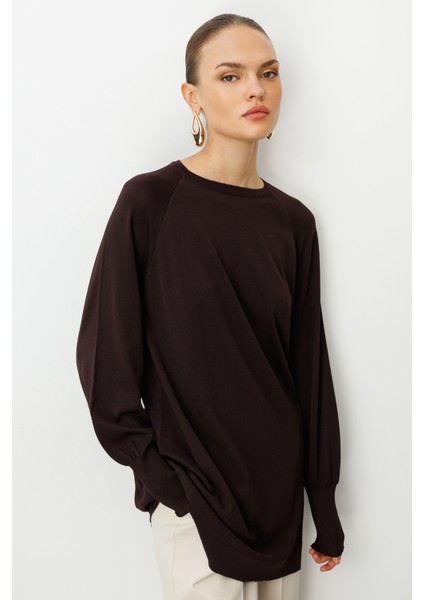 Premium Rayon Balon Kol Kahverengi Triko Kazak fırsatları