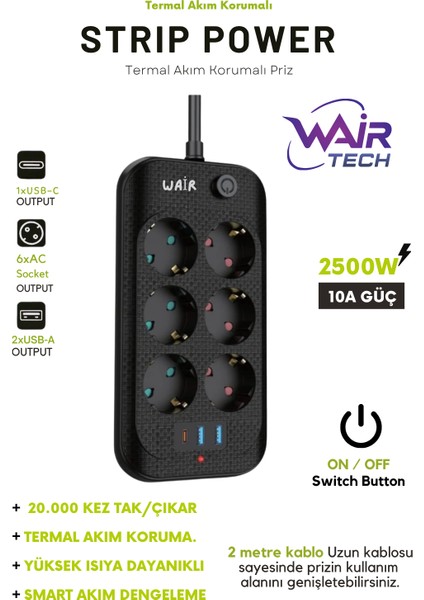 Termal Akım Korumalı, 6'lı Priz Soketi, 2x USB Girişli, 1x Type-C Girişi, Çocuk Korumalı