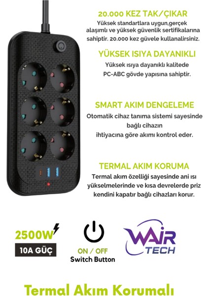 Termal Akım Korumalı, 6'lı Priz Soketi, 2x USB Girişli, 1x Type-C Girişi, Çocuk Korumalı fiyatları