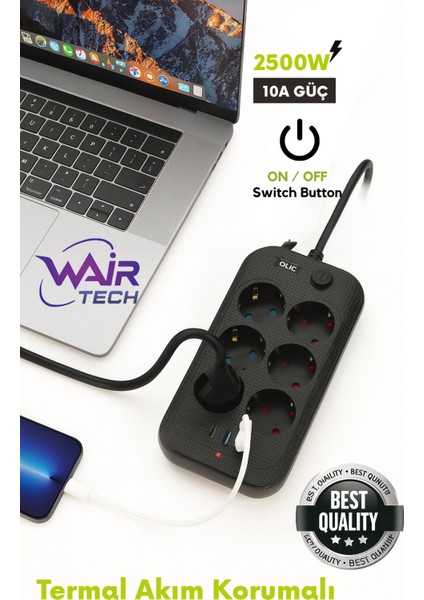 Termal Akım Korumalı, 6'lı Priz Soketi, 2x USB Girişli, 1x Type-C Girişi, Çocuk Korumalı modelleri