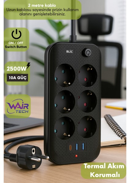 Termal Akım Korumalı, 6'lı Priz Soketi, 2x USB Girişli, 1x Type-C Girişi, Çocuk Korumalı fırsatları