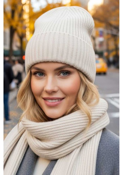 Kadın Tiftik Yün 2'li Atkı Bere Takımı Kalın Fitilli Triko Kışlık Set indirimleri