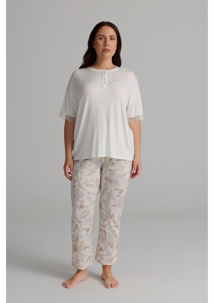 Kadın Plus Size Viskon Kısa Kollu Uzun Pijama Takımı