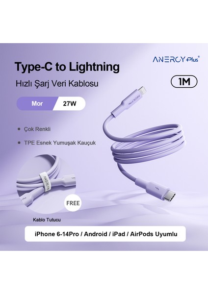 CTL27 Type-C’den Type-L’ye Şarj Kablosu 27W 1 Metre ,veri Aktarımı ve Şarj Kablosu, Tablet ve Telefon Android Usb-C, Esnek, Mor