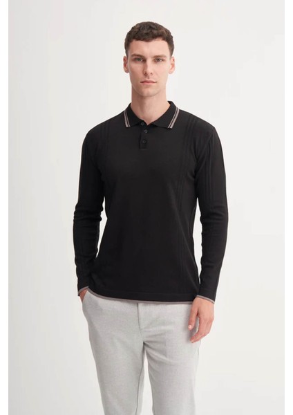 Çizgi Desenli Polo Yaka Siyah Erkek Kazak 33035