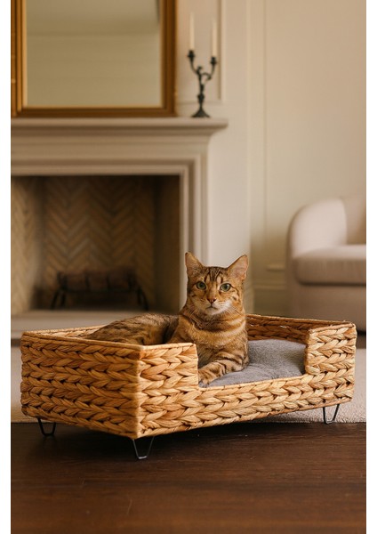 Dekoratif Dikdörtgen Hasır Kedi Köpek Yatagı Sepet 50X40X20CM