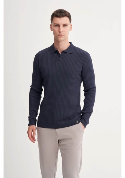 Premium Slim Fit Viskon Karışımlı Polo Yaka Lacivert Erkek Kazak 33210