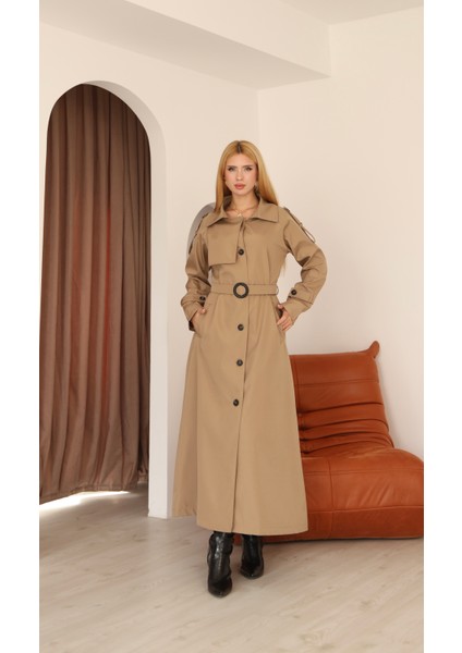 Ekstra Uzun Düğmeli Kuşaklı Klasik Trençkot 1030