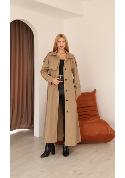Ekstra Uzun Düğmeli Kuşaklı Klasik Trençkot 1030 fırsatları
