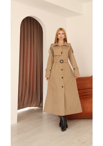 Ekstra Uzun Düğmeli Kuşaklı Klasik Trençkot 1030