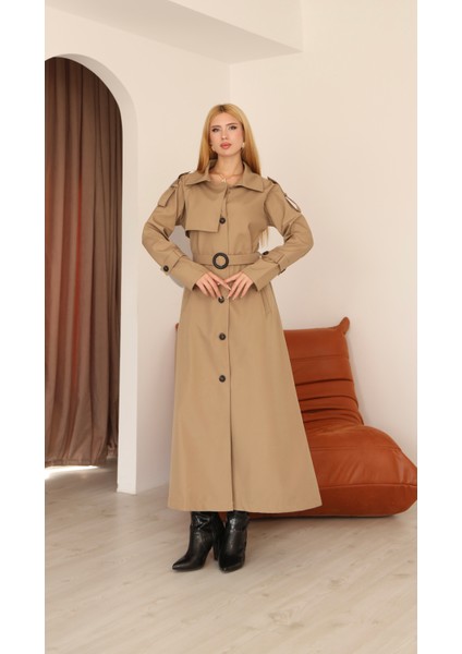 Ekstra Uzun Düğmeli Kuşaklı Klasik Trençkot 1030