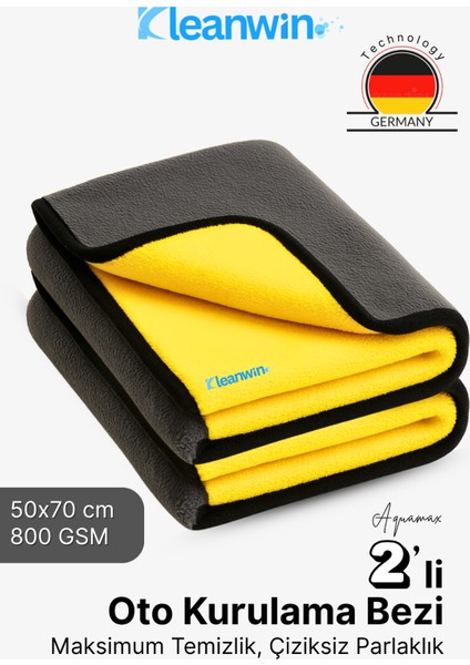 Aquamax 2’li Set 50X70 cm Mikrofiber 800 Gsm Oto Kurulama Havlusu – Çift Katlı Ultra Emici Havlu