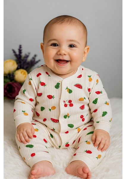 Tuembaby %100 Pamuk Meyve Baskılı Uzun Kollu Çıtçıtlı Unisex Bebek Tulum