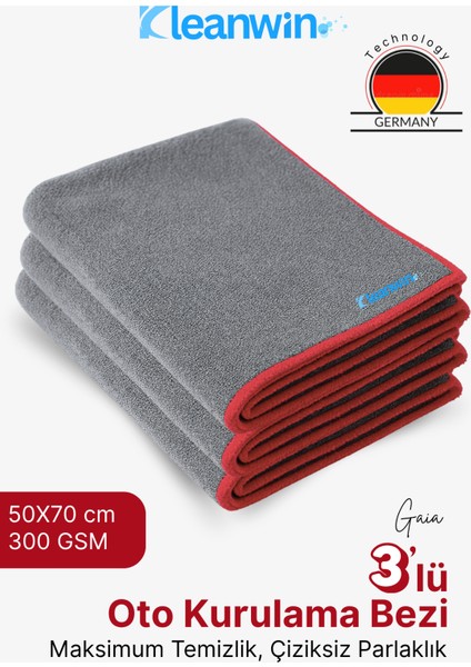Gaia 3'lü 50X70CM Mikrofiber Kurulama Bezi 300 Gsm | Oto Kurulama Havlusu, Araç ve Cam Temizlik Bezi