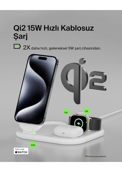 Magsafe Şarj Cihazı, Boostcharge 3'ü 1 Arada Manyetik Katlanabilir Şarj Aleti Qi2 15W - Kayma fiyatları