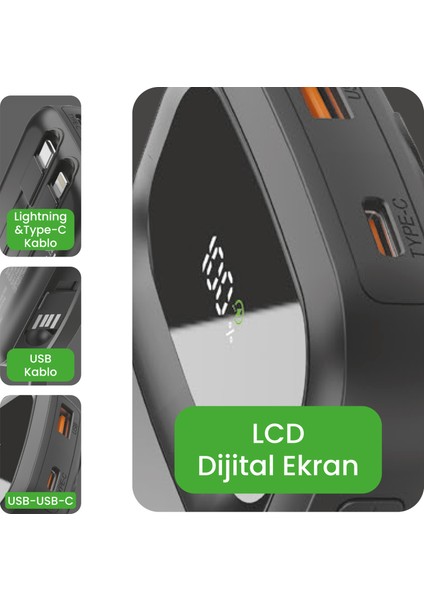 45W Powerbank – Pd Teknolojili, Kolay Taşıma, Lightning & Type-C Entegre Kablo, Dijital Ekranlı modelleri