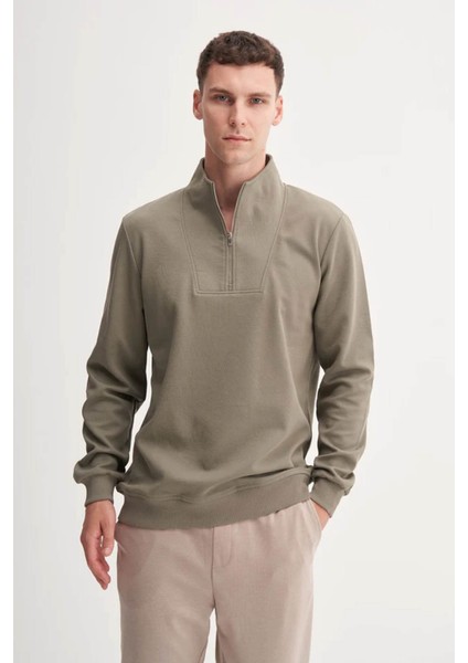 Premium Kalın Dokulu Dik Yaka Fermuarlı Açık Haki Erkek Sweatshirt 53075