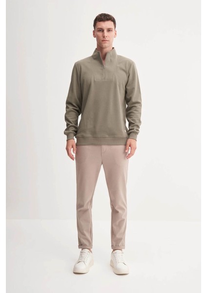 Premium Kalın Dokulu Dik Yaka Fermuarlı Açık Haki Erkek Sweatshirt 53075 fiyatları