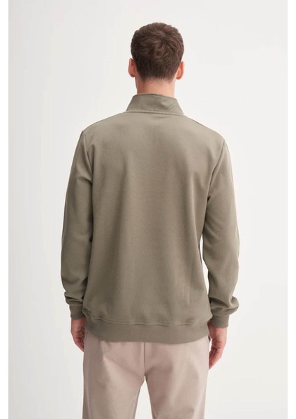 Premium Kalın Dokulu Dik Yaka Fermuarlı Açık Haki Erkek Sweatshirt 53075 modelleri