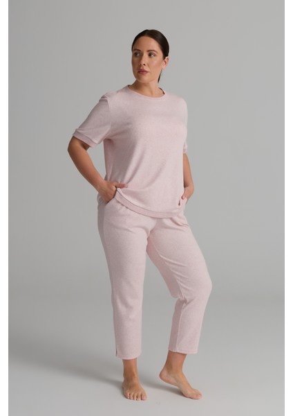 Kadın Plus Size Pamuklu Örme Kısa Kollu T-Shirt Pantolon Takım