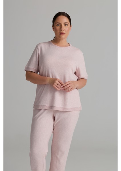 Kadın Plus Size Pamuklu Örme Kısa Kollu T-Shirt Pantolon Takım indirimleri