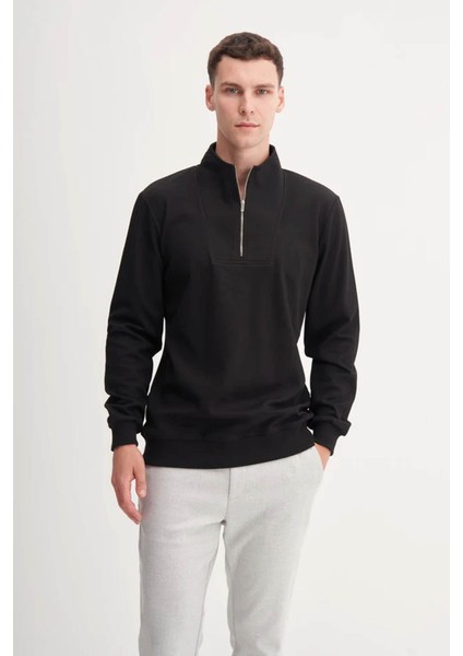 Premium Kalın Dokulu Dik Yaka Fermuarlı Siyah Erkek Sweatshirt 53075
