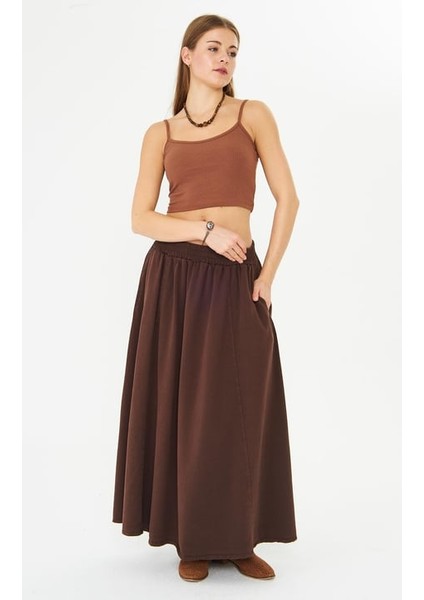 Gabardin Uzun Kloş Etek Kahve