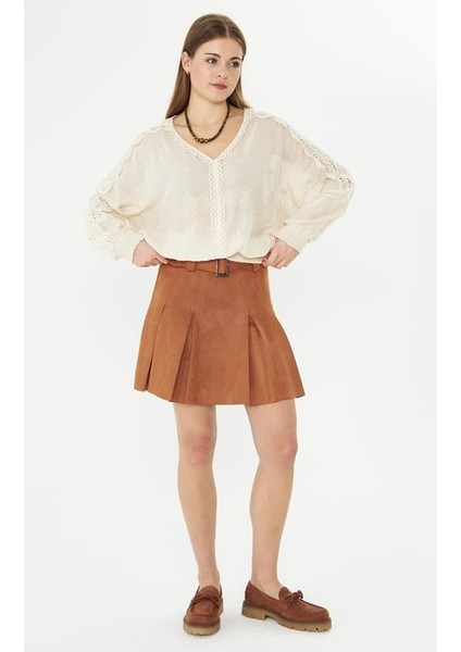 Kemerli Pileli Süet Kısa Etek Taba