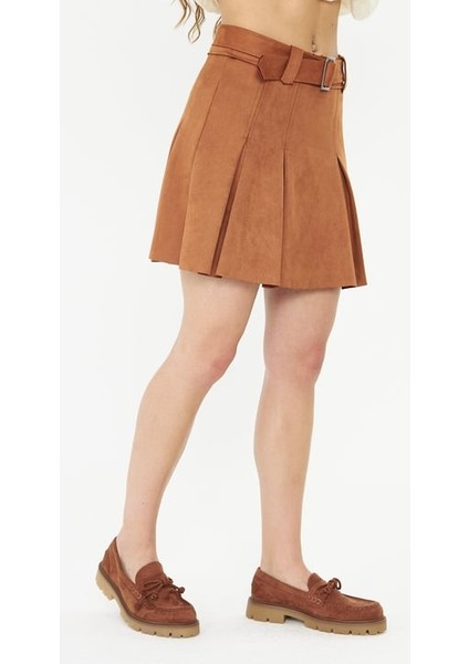 Kemerli Pileli Süet Kısa Etek Taba indirimleri