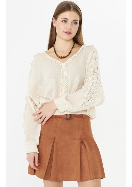 Kemerli Pileli Süet Kısa Etek Taba