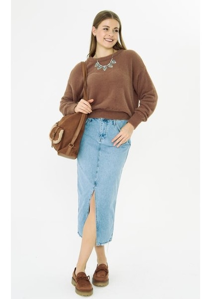 Önden Yırtmaçlı Açık Mavi Uzun Etek