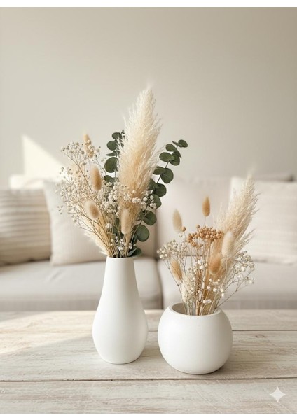 El Yapımı Modern Beyaz Vazo Seti (2'li) / Sade Dekoratif Ev Aksesuarı Masaüstü Çiçeklik