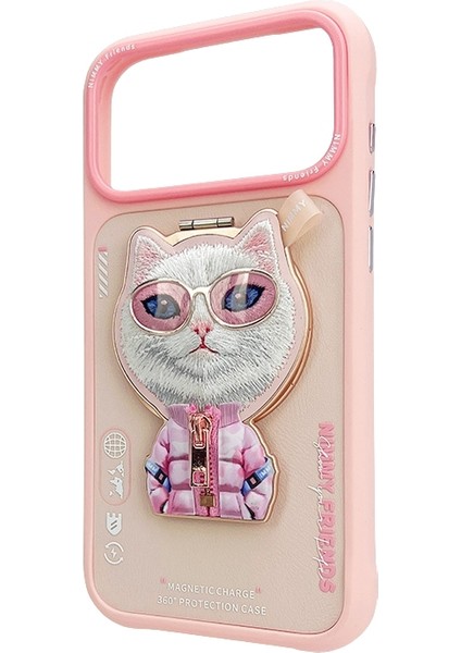 iPhone 17 Pro Uyumlu Magsafe Stant Özellikl 3D Gözlük Fermuar Kedi Detaylı Cool Cute 2.0 Kılıf 4 modelleri