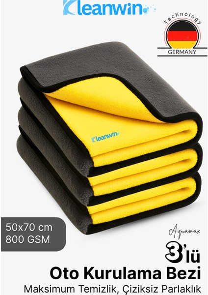 Aquamax 3’lü Set 50X70 cm Mikrofiber 800 Gsm Oto Kurulama Havlusu – Çift Katlı Ultra Emici Havlu