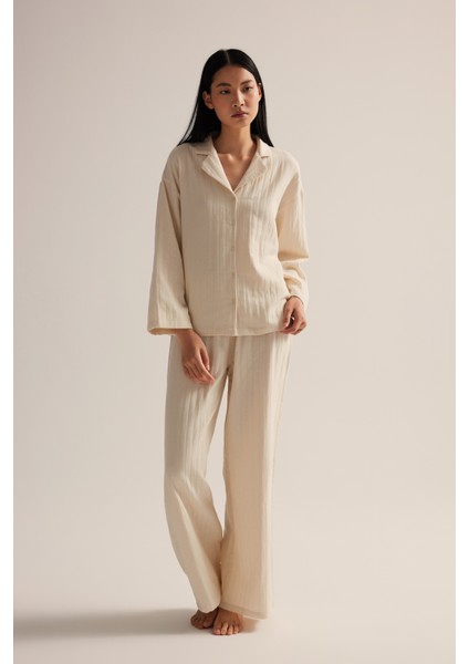 Kadın Dokuma Uzun Kollu Gömlek Pantolon Takım