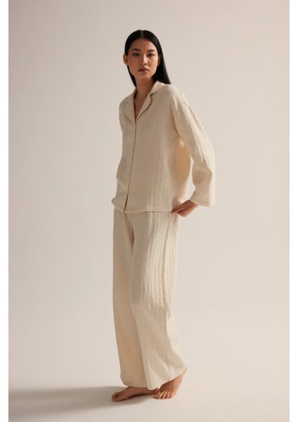 Kadın Dokuma Uzun Kollu Gömlek Pantolon Takım modelleri