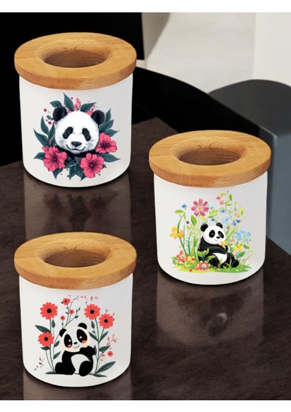Çiçek Panda Baskılı 3'lü Masa Üstü Kalemlik - Kalem Kutusu, Ofis Eşyası Hediyesi