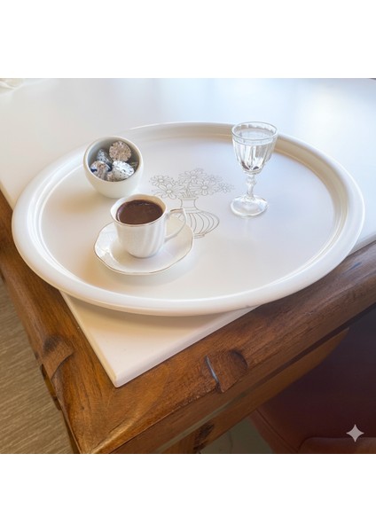 50 cm Yuvarlak Metal Tepsi Kahvaltı Çay Kahve Sunum Tepsisi BEYAZ