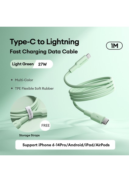 CTL27 Type-C’den Type-L’ye Şarj Kablosu 27W 1 Metre ,veri Aktarımı ve Şarj Kablosu, Tablet ve Telefon Android Usb-C, Esnek, Yeşil